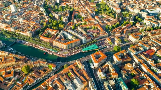 Milan city skyline aerial View Navigli Milano center and Porta Ticinese. Timelapse Hyperlapse 4k Italy