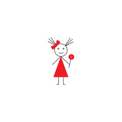 Girl hand drawn vector. Doodle style drawing girl with flower in her hand.