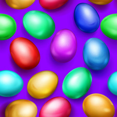 Seamless pattern of realistic colored Easter eggs with shadows on purple background