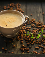 coffee fresh and hot, aroma. serving of beverage (coffee grain). food. top view. copy space