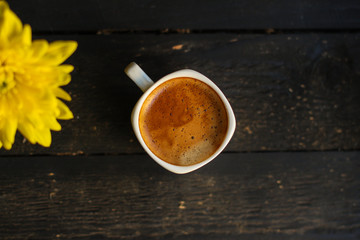 coffee fresh and hot, aroma. serving of beverage (coffee grain). food. top view. copy space