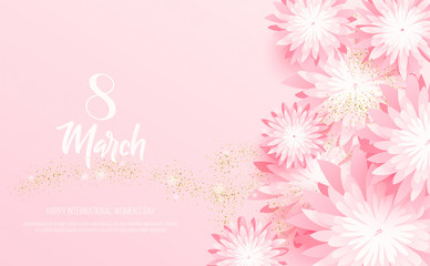 8 of March banner with pick flowers and golden glitter