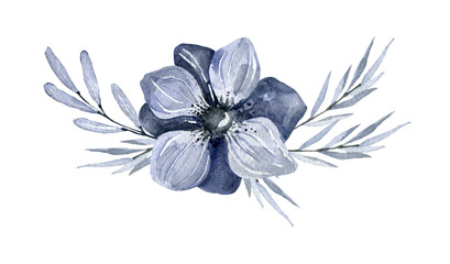 Watercolor blue flowers with leaves