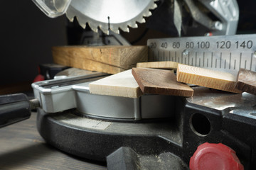 Teeth on a circular saw in close up with wood