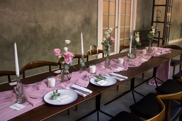 Beautifully decorated wedding hall in pink colours
