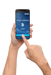 Bitcoin earning application on smartphone screen isolated
