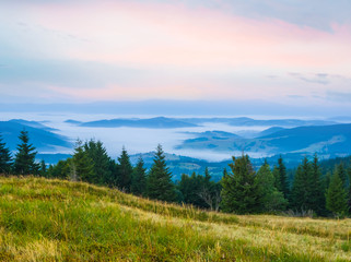 Naklejka na ściany i meble early morning mountain landscape in a blue mist