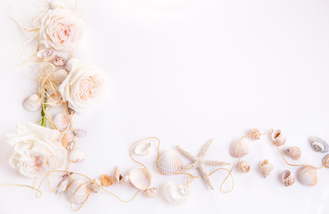 Obraz na płótnie Canvas Composition of exotic seashells, oyster, starfish on white background. Tropical summer vacation or Birthday, Wedding Day concept.