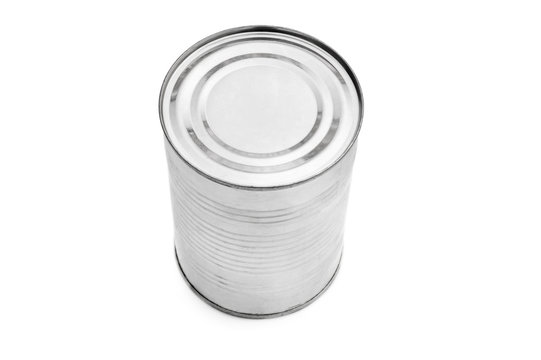 Metal tin can on white background.