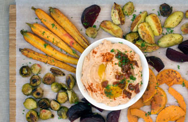 Roasted vegetables with hummus.