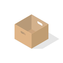 A miniature 3D empty box with an open lid and a cutout under the arm. Object on a white background with a flat shadow for icons, ads, banners, filling sites. Isometric style.