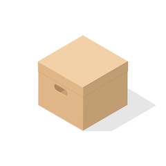 A miniature 3D box with a closed lid and a cutout at hand. Object on a white background with flat shadow for icons, ads, banners, filling sites. Isometric style.