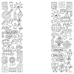 Fototapeta premium Vector set of learning English language, children's drawingicons icons in doodle style. Painted, black monochrome, pictures on a piece of paper on white background.