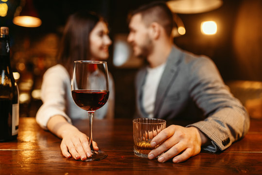 Romantic evening in bar, love couple