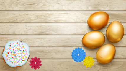Realistic golden Easter eggs and tasty cake on wooden planks