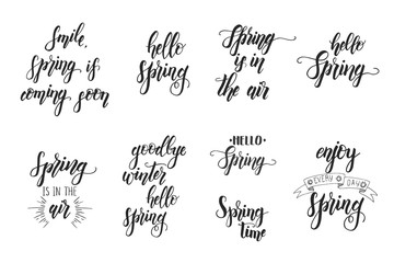 Hand drawn lettering phrase "Smile, spring is coming soon, Spring is in the air, goodbye winter hello spring, enjoy every day spring". Motivational Quote for poster, card. 