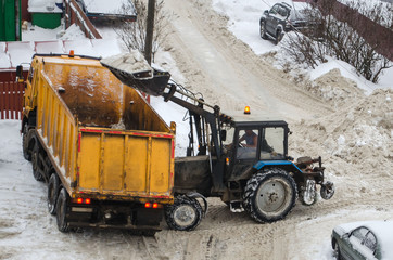 tractor loads the snow in the truck for snow removal from the city