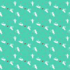 Seamless turquoise background with angels and hearts