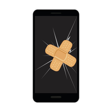 Broken Mobile Phone Display With Crack And Sticking Plaster Vector Illustration EPS10