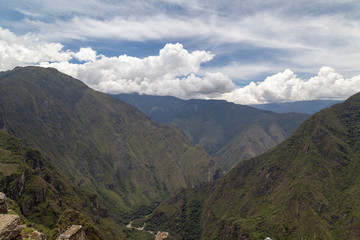 Fototapeta na wymiar panoramic view Machu Picchu, Peru - Ruins of Inca Empire city and Huaynapicchu Mountain, Sacred Valley