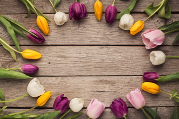 Round frame of colorful tulips on rustic wooden background