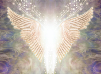 Angelic Light Being - Pair of Angel Wings with bright white light between and a stream of glittering sparkles flowing upwards against an ethereal gaseous energy formation background 