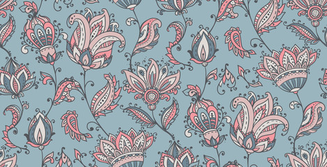 Vector seamless pattern with hand drawn paisley floral elements.