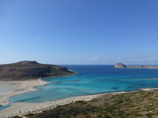 Famous lagoon of Balos beach with white sand and exotic blue and turquoise waters on Crete island, Greece