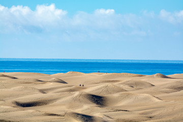 Fototapeta na wymiar Landscape with yellow sandy dunes of Maspalomas and blue Atlantic ocean, Gran Canaria, Spain