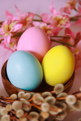 pink yellow blue eggs against a background of willow and flowers for the Easter holiday