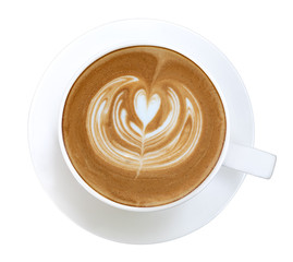 Hot coffee cappuccino latte art heart flower shape top view isolated on white background, clipping path included