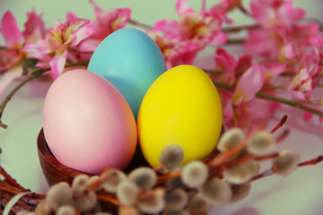 Fototapeta na wymiar pink yellow blue eggs against a background of willow and flowers for the Easter holiday