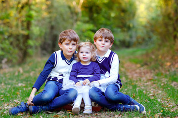 Naklejka na ściany i meble Portrait of three siblings children. Two kids brothers boys and little cute toddler sister girl having fun together in autumn forest. Happy healthy family playing, walking, active leisure on nature