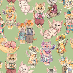Design of the seamless pattern. Different Fairy-tale cat drawn by hand watercolor