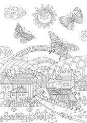 funny rural landscape with flying butterflies for your coloring