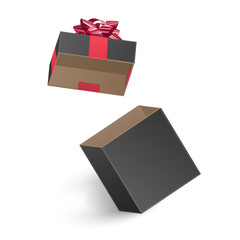 The Black gift box with Red gift ribbon, empty box with lid, vector illustration