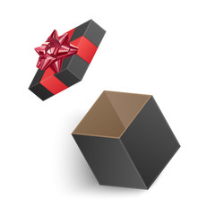 The Black gift box with Red gift ribbon, empty box with lid, vector illustration