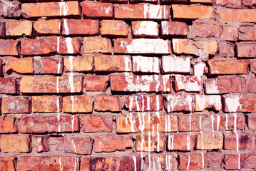 White paint stains, plaster on red brick wall surface close up detail, grunge horizontal shabby background