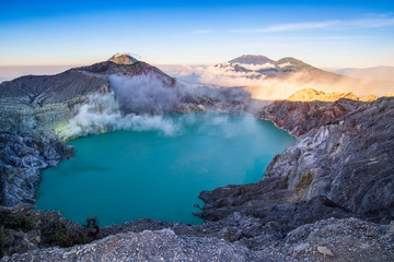 Beautiful sanrise of  landscape view of Kawah Ijen volcano. one of most famous tourist attraction in Indonesia.