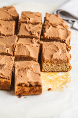 Vegan square cake with cocoa cream.