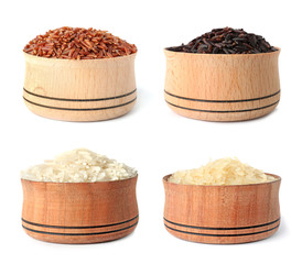 Set of wooden bowls with different uncooked rices on white background