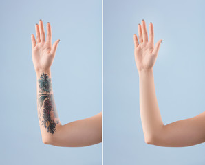 Female arm with tattoo on color background