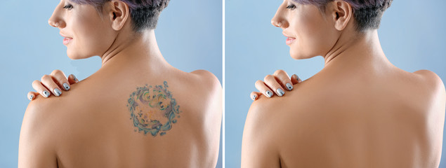 Beautiful tattoo on female back against color background