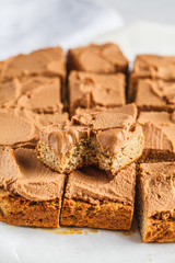 Vegan square cake with cocoa cream.