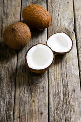 coconuts on natural old wood table background