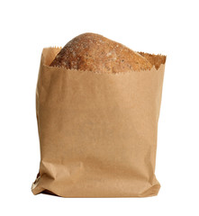 Paper bag with bread on white background. Space for design