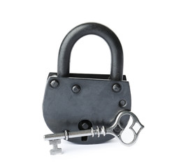 Key and vintage padlock on white background