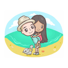 Cute couple moment a guy carrying a girl on his back walking along the beach and a cat