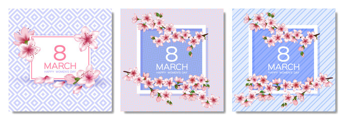 8 March Happy Women's Day vector cards set.