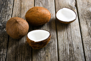 coconuts on natural old wood table background